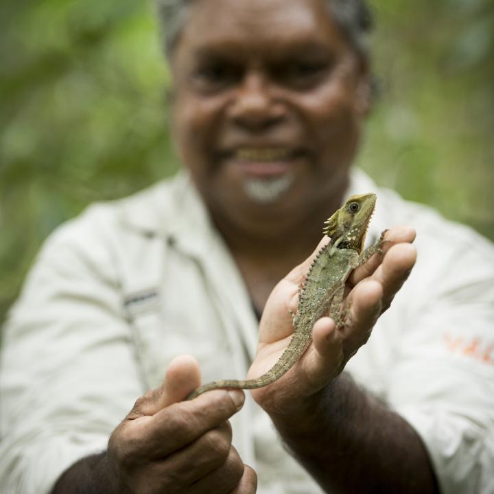 Tourist guide holding an iguana 